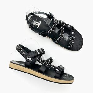 CHANEL 2022 Black Chain Interlocking CC Dad Sandals Size 40 Open Toe Slingback